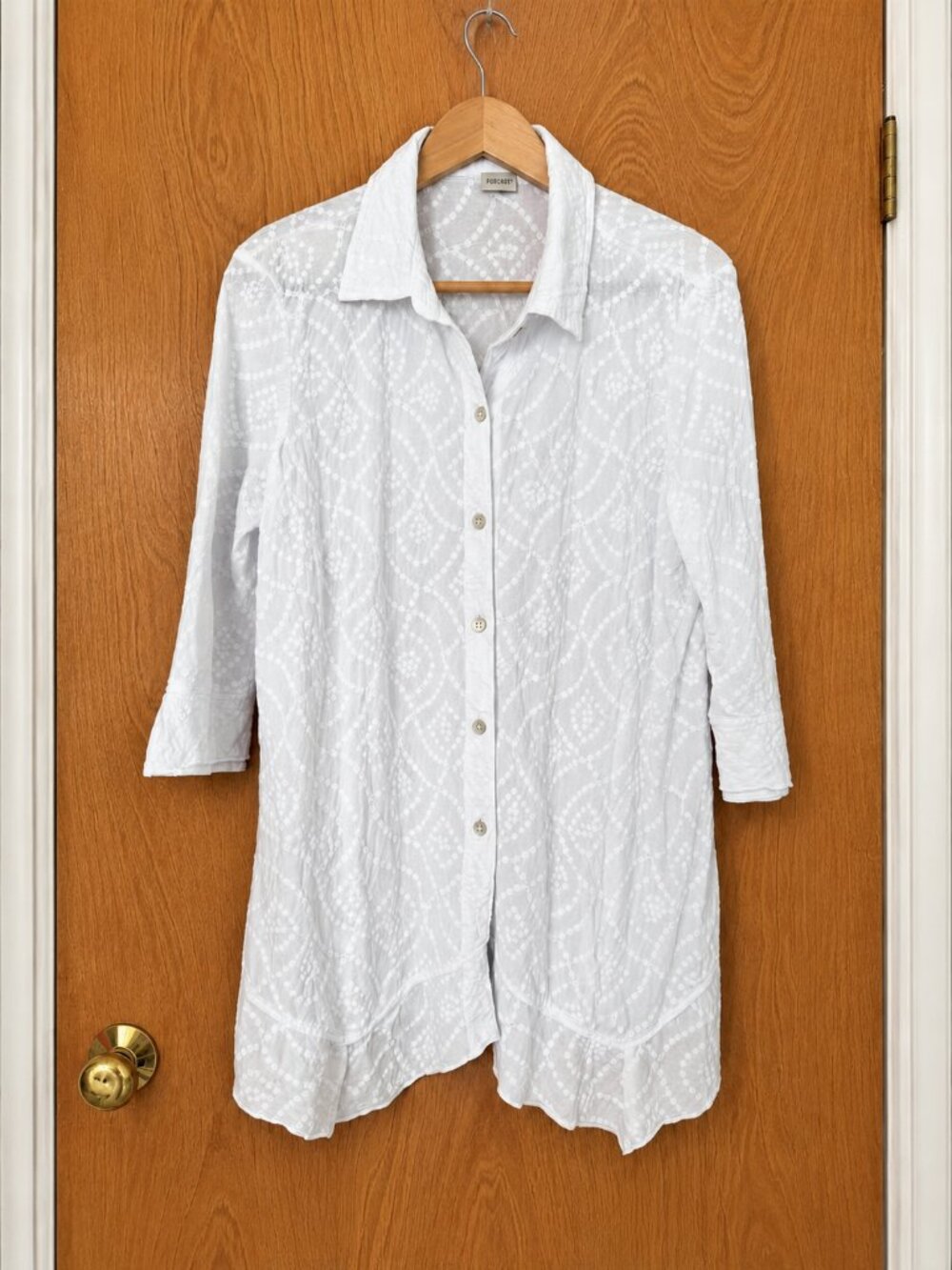 Focus White Textured Cotton Button Front Tunic Top Embroidered Lagenlook OSFM